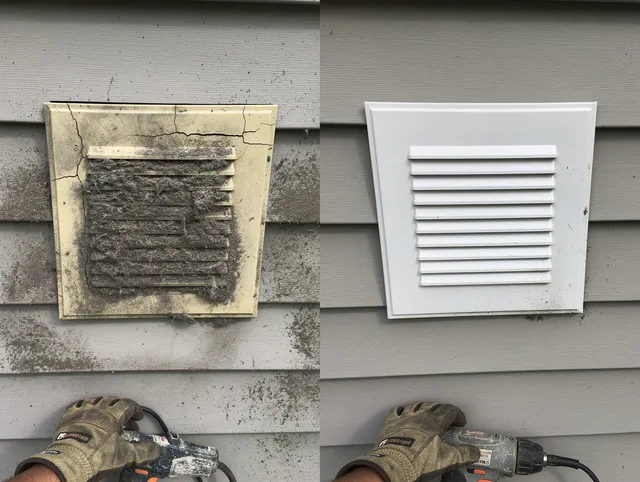 Carson Dryer Vent Cleaning technician installing high-quality dryer vent cover at a residential property in Carson